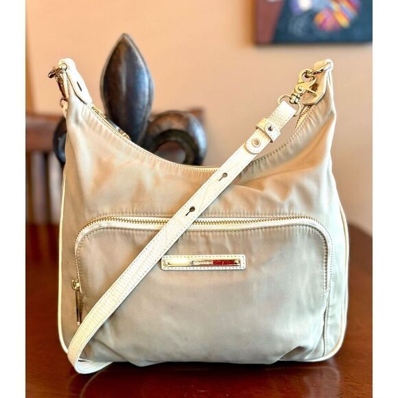 BRAHMIN - EUC Nylon & Croc-Embossed Leather Crossbody Bag in Tan & Cream - Picture 8 of 16